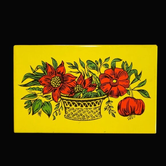 1970s Tin Recipe Box Retro Floral Design yellow red botanical vintage storage - Picture 3 of 9